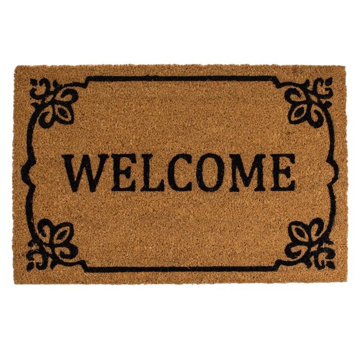Szőnyegajtó, üdvözlő modell, barna, fekete szegély, 60x40cm, kókuszrost, MYONNA IT & E-COMMERCE ®