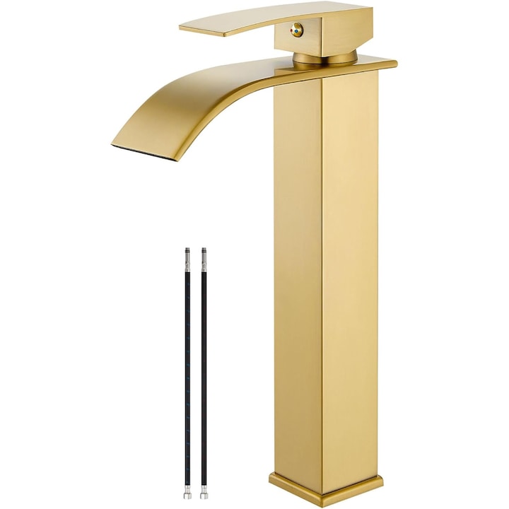 Смесител за мивка тип водопад за баня, кухня, една дръжка, монтажна плоча, неръждаема стомана, висок модел, полирано злато