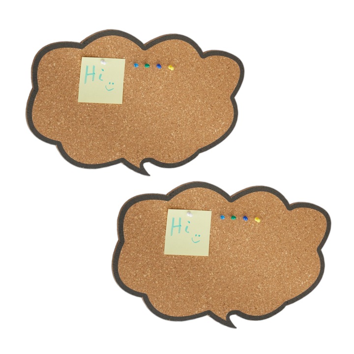 Set 2 panouri pin din pluta, in forma de nor de gandire, include 10 ace colorate, design creativ pentru birou, camera copii, bucatarie, 29x44 cm