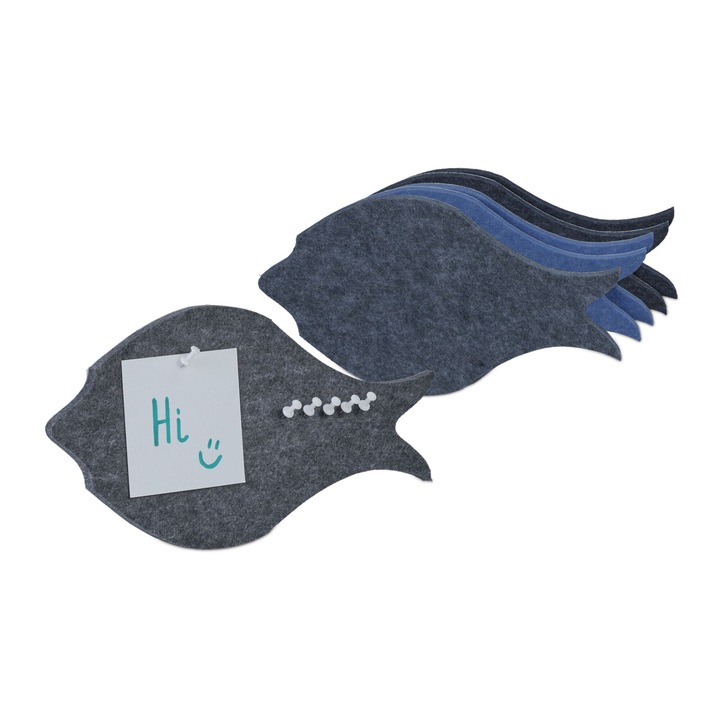 Set 6 panouri autoadezive din fetru, in forma de pesti, include 6 ace albe, design creativ personalizat pentru birou, camera copii, bucatarie, 16 x 30 cm