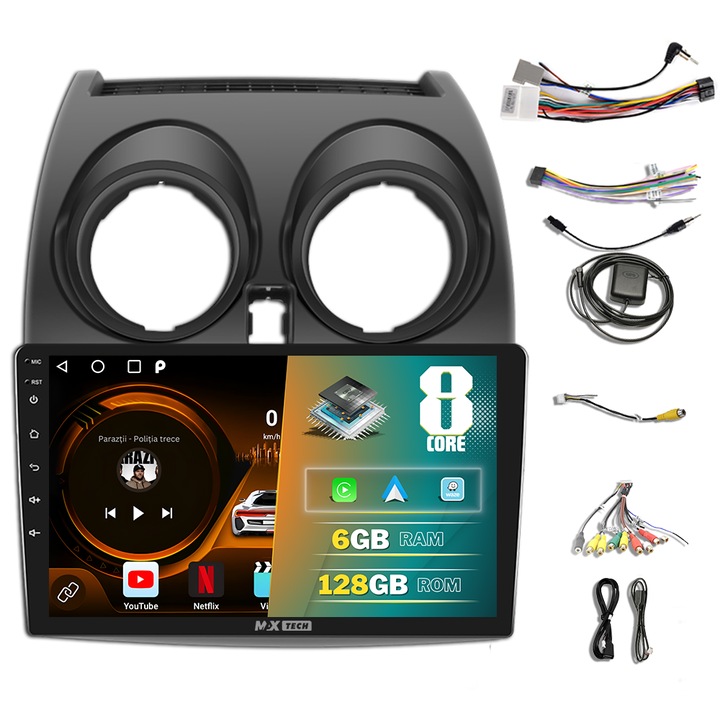 Navigatie Nissan Qashqai J10 2006 - 2013 dedicata Android, MaxTech®, Android 13, ecran de 9 inch, 6 GB Ram 128 GB Rom functii GPS, Carplay, WIFI, Radio, Bluetooth, Waze, TouchScreen, Mrrorlink