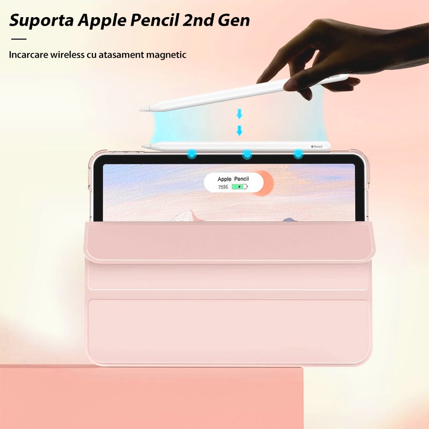 Husa pentru iPad 10th Generation 2022 10.9 inch, cu suport pentru stilou, design tri-fold, roz