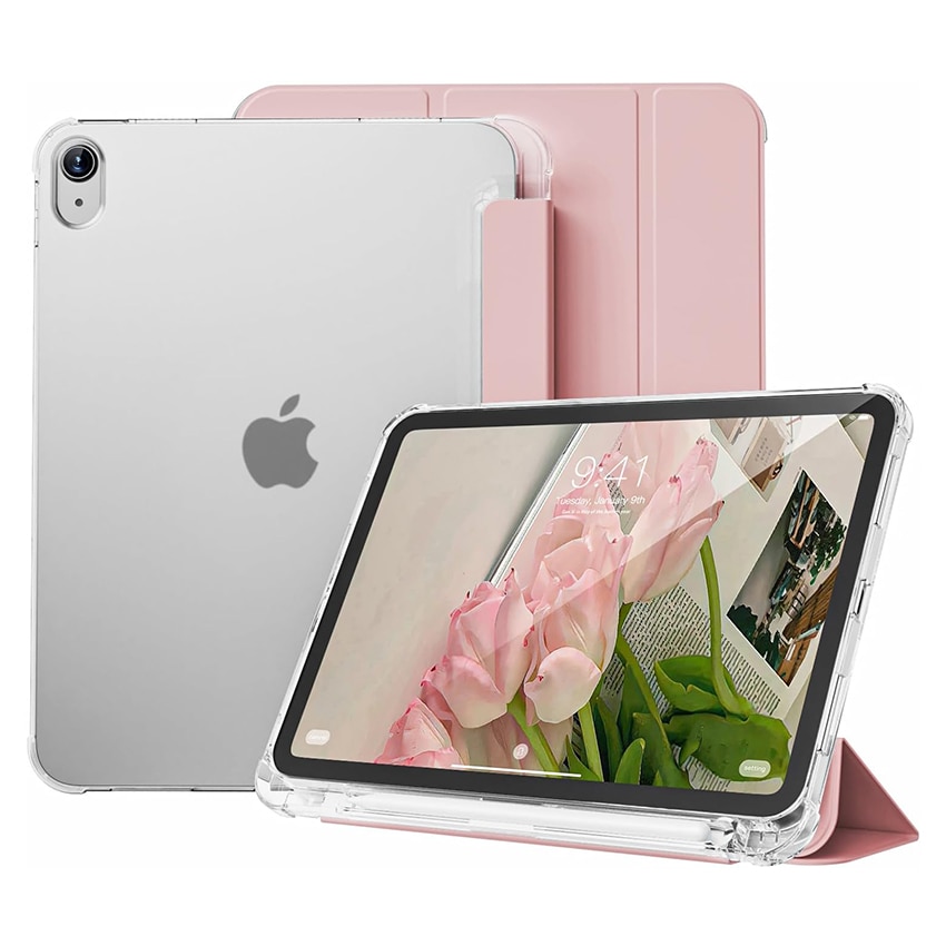 Husa pentru iPad 10th Generation 2022 10.9 inch, cu suport pentru stilou, design tri-fold, roz