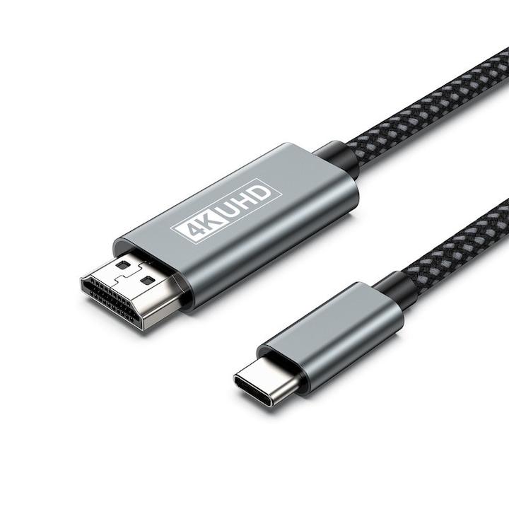 USB-C към HDMI кабел 4K 60Hz 2M, CeruleTree, сребрист, противоплъзгащи дръжки, корпус от алуминиева сплав