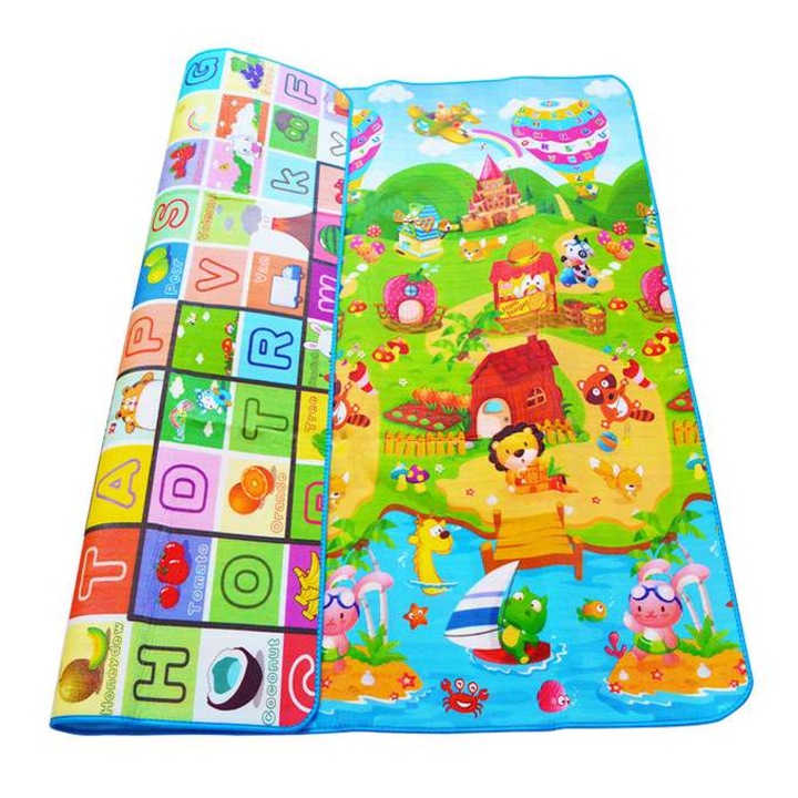 Covoras educativ de joaca pentru camera copiilor, din spuma cu doua fete, Termoizolant, Alfabet si Gradina Zoo, 180x120cm, Multicolor