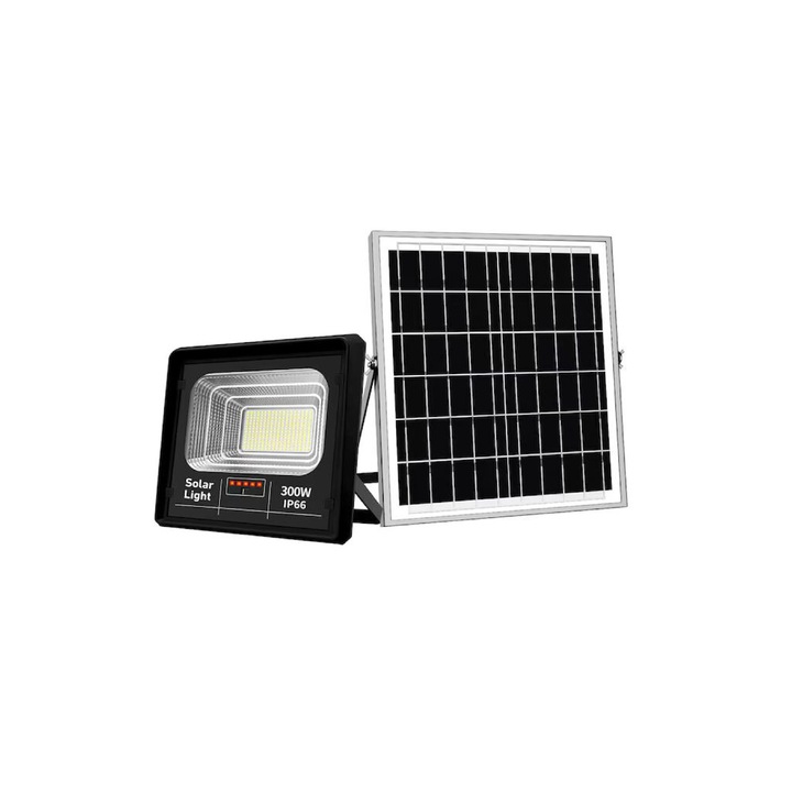 LED прожектор, 300W 34x30cm, със соларен панел, IP66, 6500K, дистанционно управление, регулируем ъгъл, клас A, Kardett