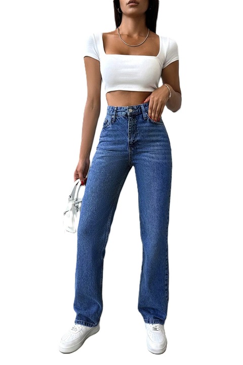 Blugi Dama, Mom Fit, Casual, Cu Croiala Dreapta Si Talie Inalta, Albastru inchis