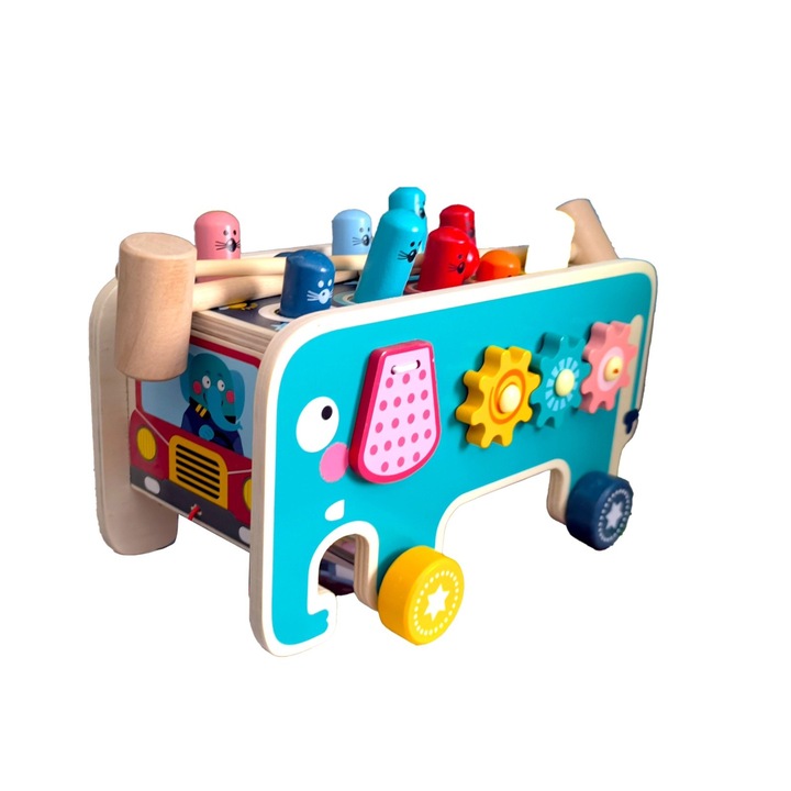 Centru de activitati multifunctional din lemn, Montessori 4 in 1, Elefant cu xilofon, roti zimtate, ceasul si prinde cartita, 3 ani+, EduJucarii