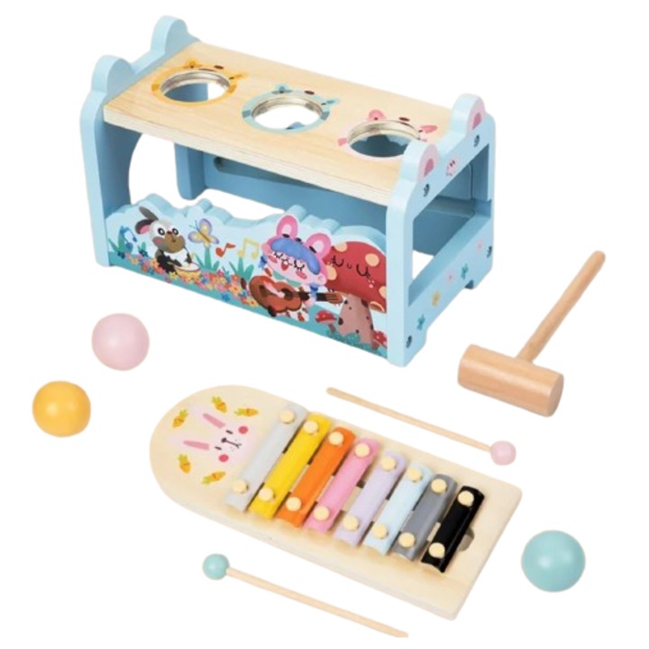 Centru de activitati multifunctional din lemn, Montessori 2 in 1, Iepure cu xilofon si bile, 3 ani+, EduJucarii