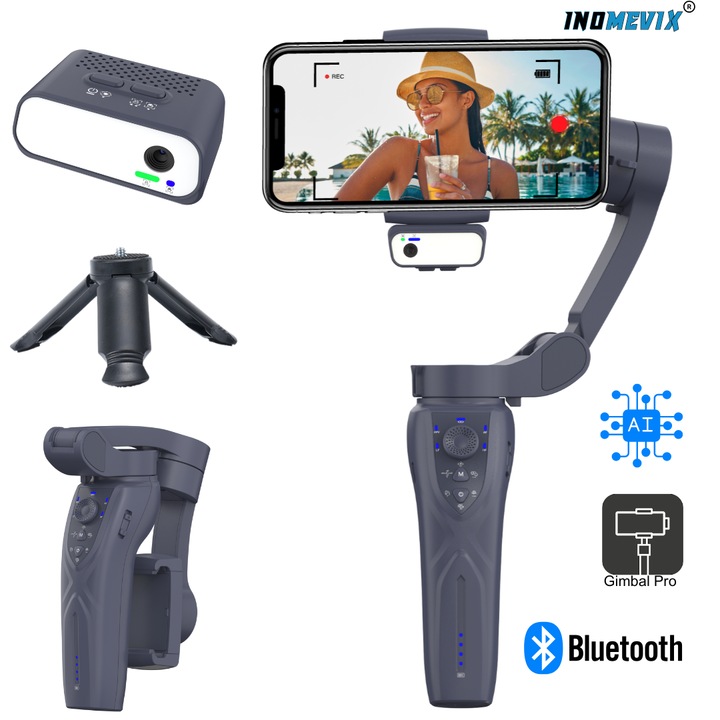 Képstabilizátor 3 Axis telefonhoz, INOMEVIX, Gesztusvezérlés mesterséges intelligencia segítségével, arckövetés, F12 Gimbal fotó és videó képstabilizátor, LED 9 fénymóddal, IOS és Android kompatibilis alkalmazás, Bluetooth