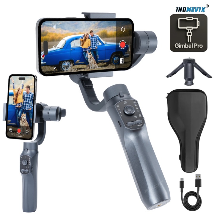 Stabilizator pentru telefon, INOMEVIX® F10 Pro Gimbal stabilizare foto si video, Stabilizare pe 3 Axe, Aplicatie compatibila cu IOS si Android, Bluetooth, Urmarire faciala automata, Autonomie 8-10h, Incarcare USB, Trepied si Husa de protectie inclusa