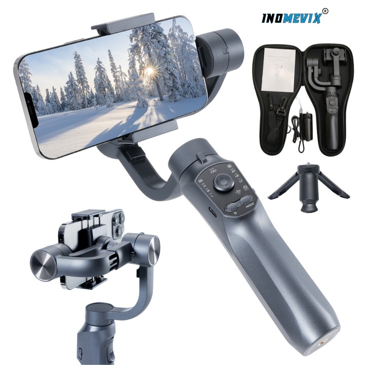 Стабилизатор за телефон, INOMEVIX® F10 Pro Gimbal фото и видео стабилизация, 3-осна стабилизация, Приложение, съвместимо с IOS и Android, Bluetooth, Автоматично проследяване на лицето, Автономия 8-10 часа, USB зареждане, Статив и защитен капак в комплекта
