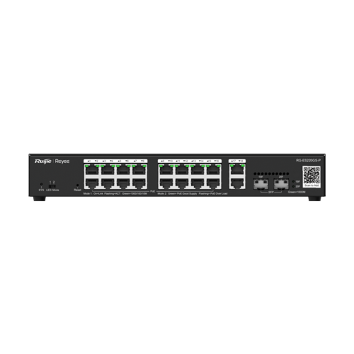 Комутатор 16 PoE+ порта, 2 GE порта, 2 SFP порта, Gigabit, облачно управление - Ruijie RG-ES220GS-P