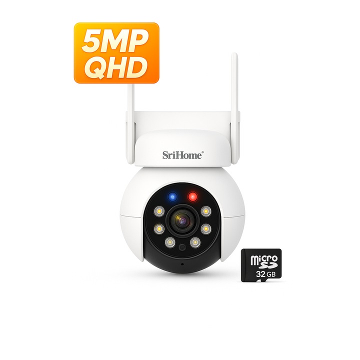 Camera Supraveghere WiFi SriHome™ SH052B, 5MP, 2K Quad HD, IP65, Night Vision Color, Starlight, Alarma Sonora si Luminoasa Rosie si Albastra, Detectie Miscare, PTZ Motorizata, Audio Bidirectional, Compatibil iOS/Android + Card microSD 32GB inclus