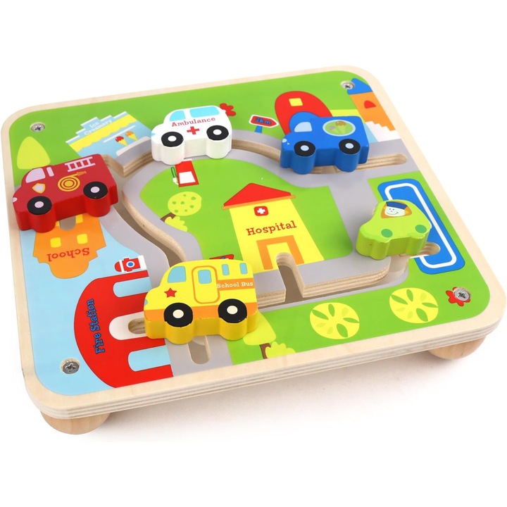 Joc labirint cu piese 3D, Montessori din lemn, orasul cu masini, SALLMA®