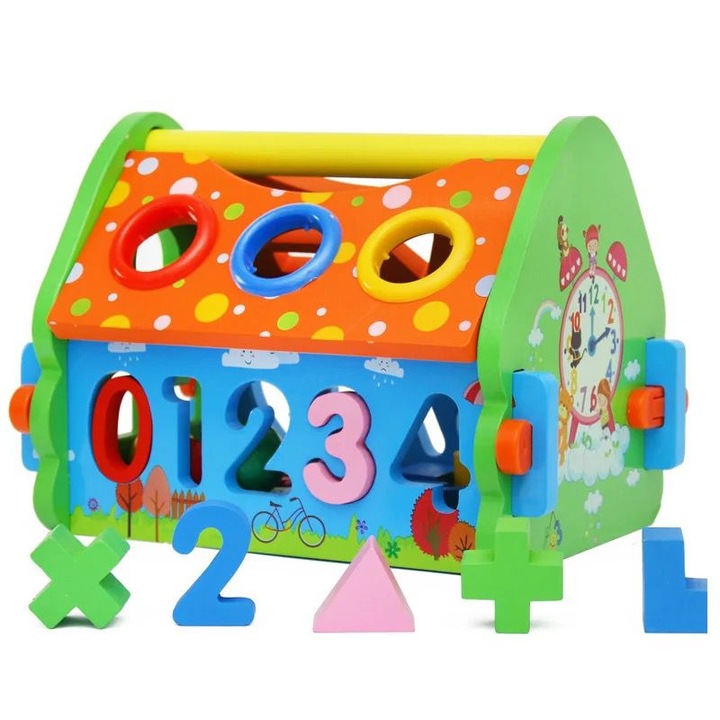 Jucarie educativa Montessori, Casuta din lemn cu cifre si forme geometrice, 3 in 1, 20 piese, E-Toy®