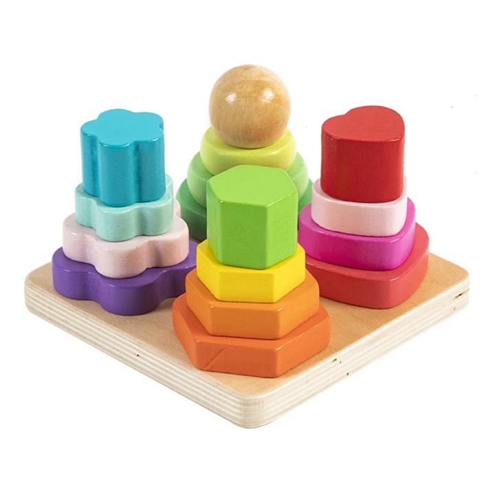 Piramida Montessori 4 turnulete cu forme colorate, SARA-SHOP®