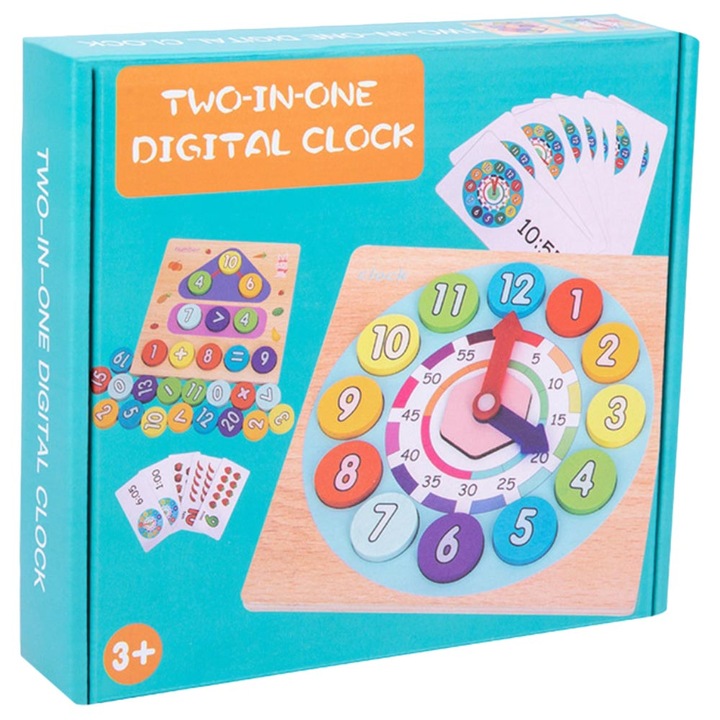 Joc Montessori 2 in 1 din lemn, ceas si joc de matematica, SARALMA®