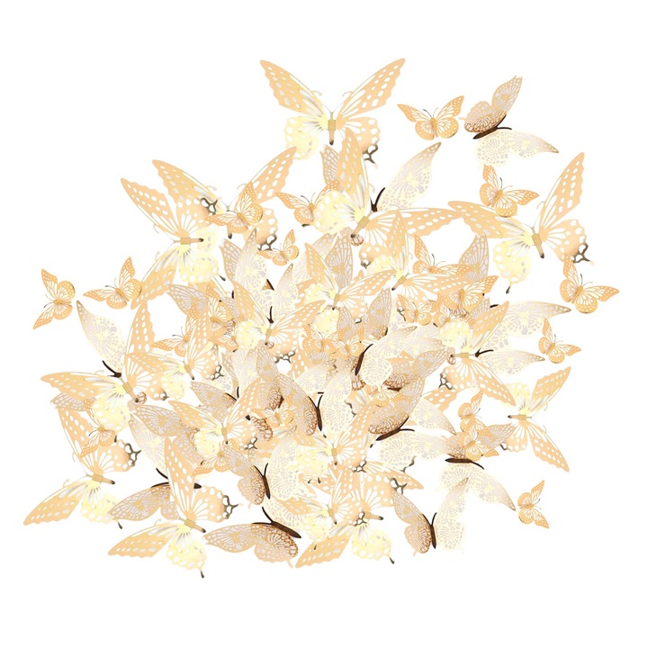 72 db dekoratív 3D pillangó matrica készlet, Jormftte, üreges kivitel, arany, 12x10x8cm