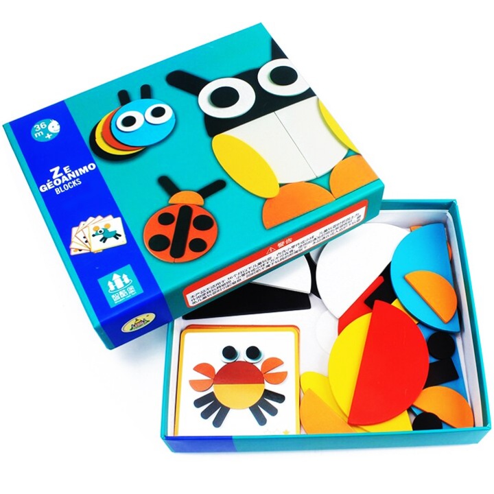 Joc Puzzle Tangram din lemn cu forme geometrice multicolore, 30 de piese, 3 ani+