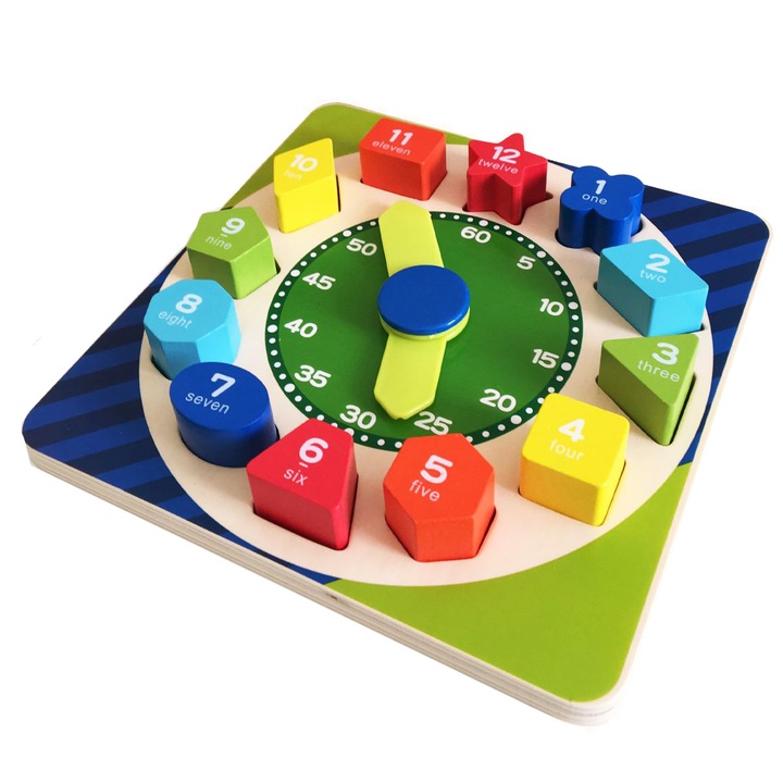 Joc educativ de sortare Montessori Ceasul din lemn cu forme geometrice si cifre, SALLMA®