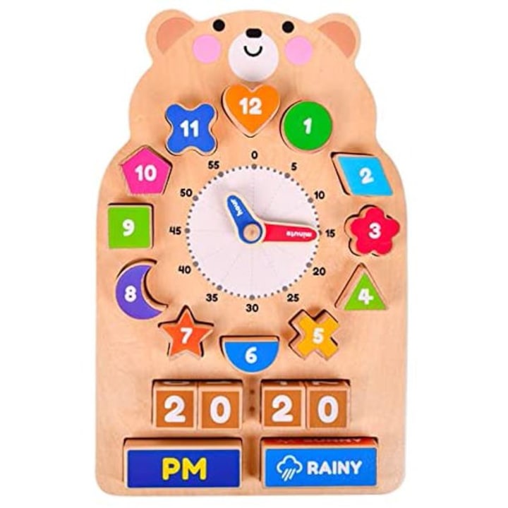 Jucarie educativa de sortare Montessori din lemn cu ceas in forma de ursulet, SALLMA®