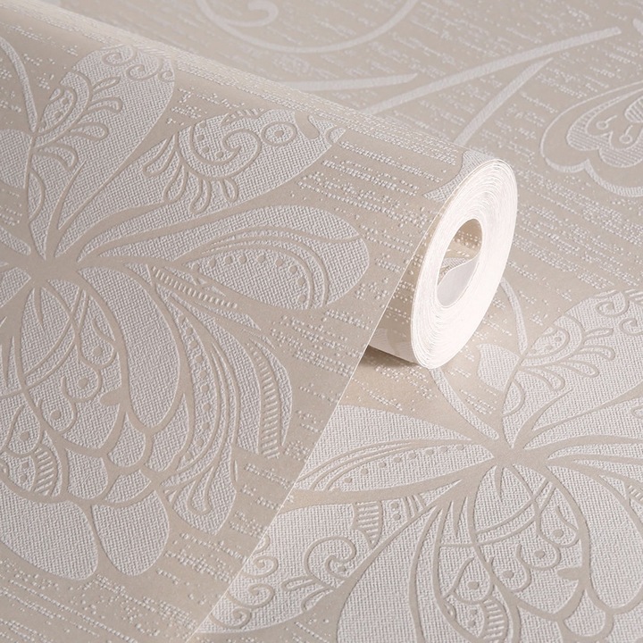 Nem szőtt tapéta 3D dombornyomott pillangóvirággal nappali TV háttérhez (bézs)