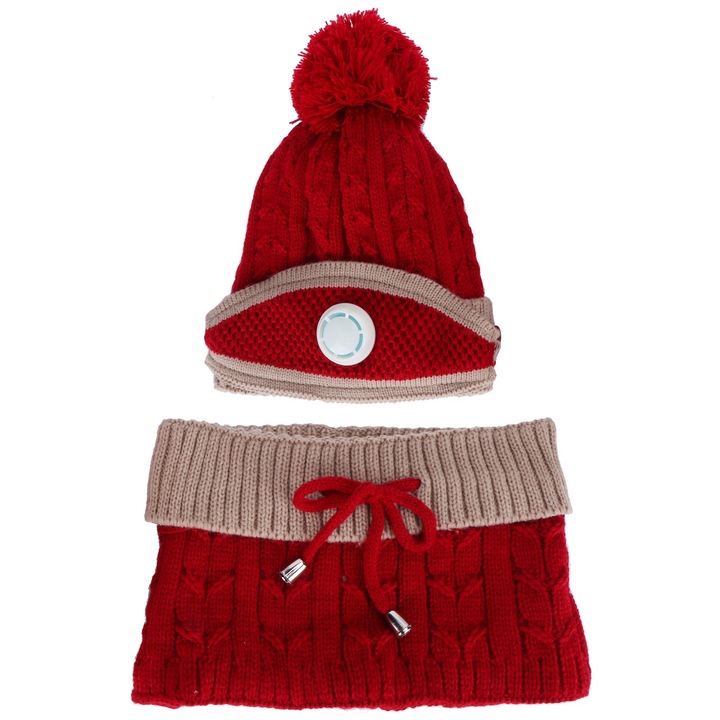 3 darabos Jormftte sapka és sál szett, kötött gyapjú, piros és barna szín, téli