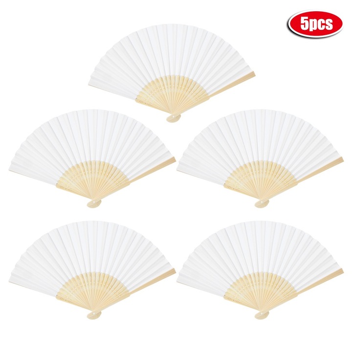 5 darab összecsukható bambusz legyező szett, Jormftte, fehér, ergonomikus kialakítás, hordozható