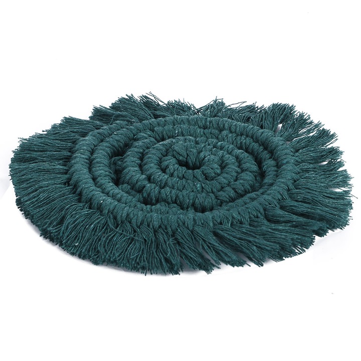 Jormftte italalátétek készlet, északi stílusú, természetes pamutból, rojttal, sötétzöld, 20x20cm