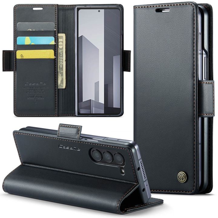Husa pentru Samsung Galaxy Z Fold6, CaseMe, slim, piele, tip portofel, stand, inchidere sigura magnetica, textura moale si aderenta in mana, protectie RFID, Negru