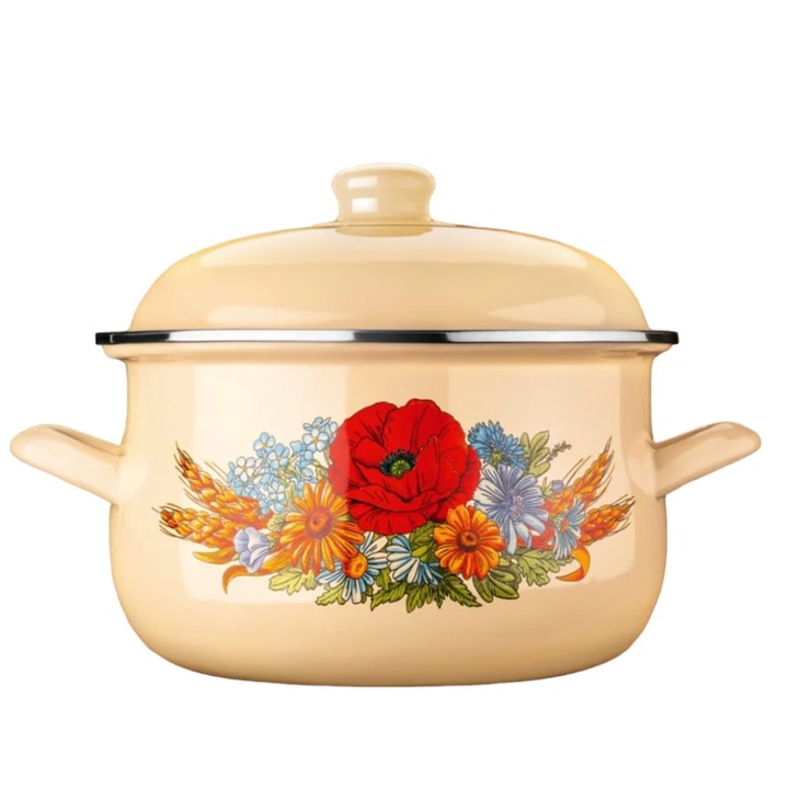 Cratita emailata cu capac, N2L Store, 4.8 litri, 24x14 cm, Brio Flori de camp