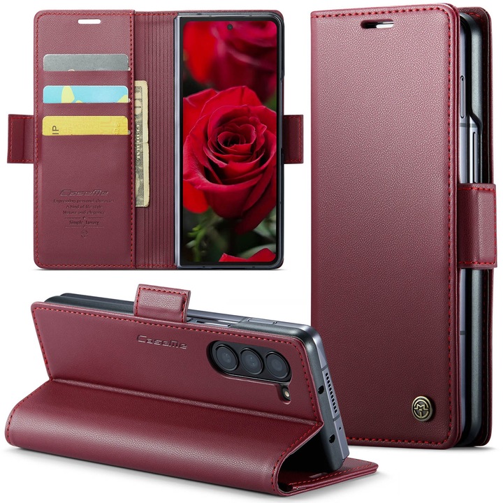 Husa pentru Samsung Galaxy Z Fold6, CaseMe, slim, piele, tip portofel, stand, inchidere sigura magnetica, textura moale si aderenta in mana, protectie RFID, Rosu