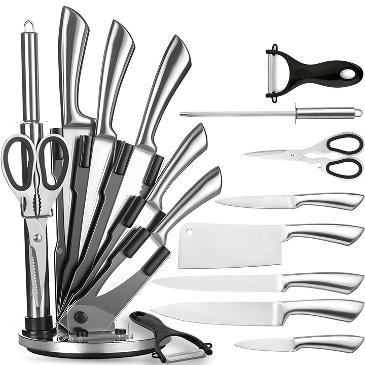 Комплект професионални кухненски ножове Retoo Masami, INOX, 9 части - 6 ножа, белачка за зеленчуци, многофункционална ножица, маса за заточване и опора, сребристо-черен