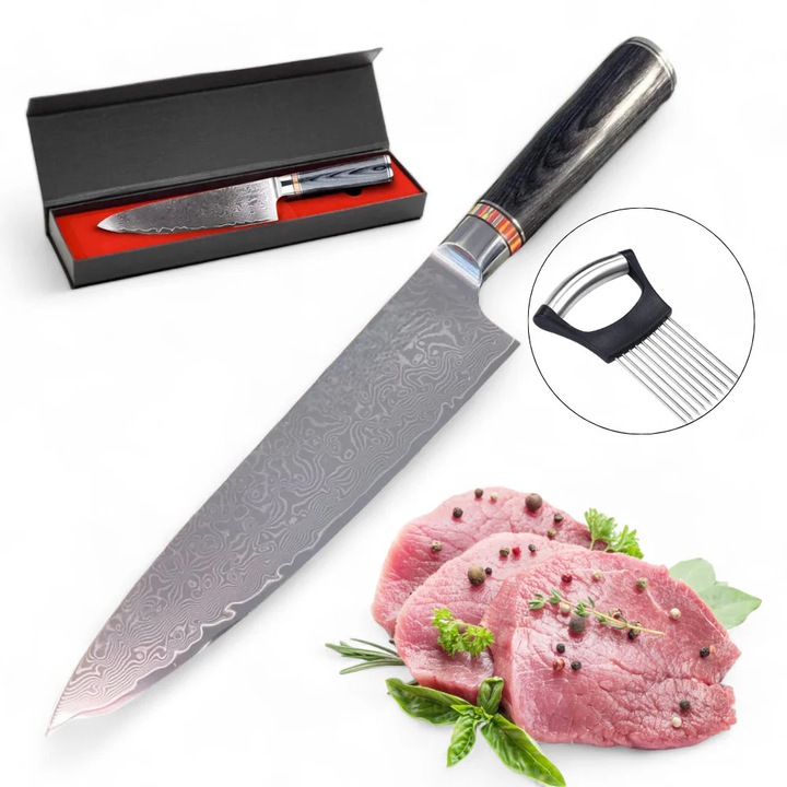 Salestore.ro® Professzionális japán damaszkuszi acél kés, 67 rétegű, 20 cm-es penge, Pakka fa fogantyú, korrózióálló, fekete + támogatás a zöldségek aprításához