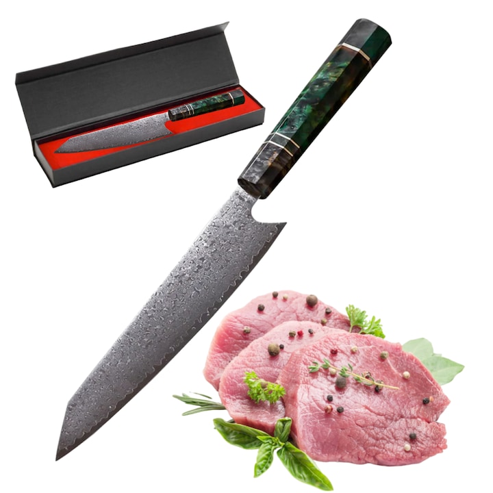Cutit Japonez Profesional de bucatarie Full-Tang Salestore.ro®, Otel Damasc cu 67 de straturi, Forjat manual, Lama ultra-ascutita 20 cm cu continut ridicat de carbon duritatea 60-62 HRC, maner realizat manual arta japoneza- Rasina, Verde/Maro, 35.5 cm