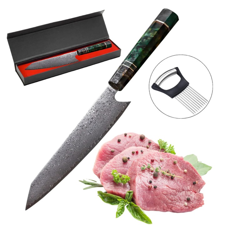 Professzionális japán kés Salestore.ro® Damascus Steel-67 magas széntartalmú rétegek, kiváló minőségű 20 cm-es penge, jellegzetes fogantyú, zöld/barna+zöldség aprított alátét