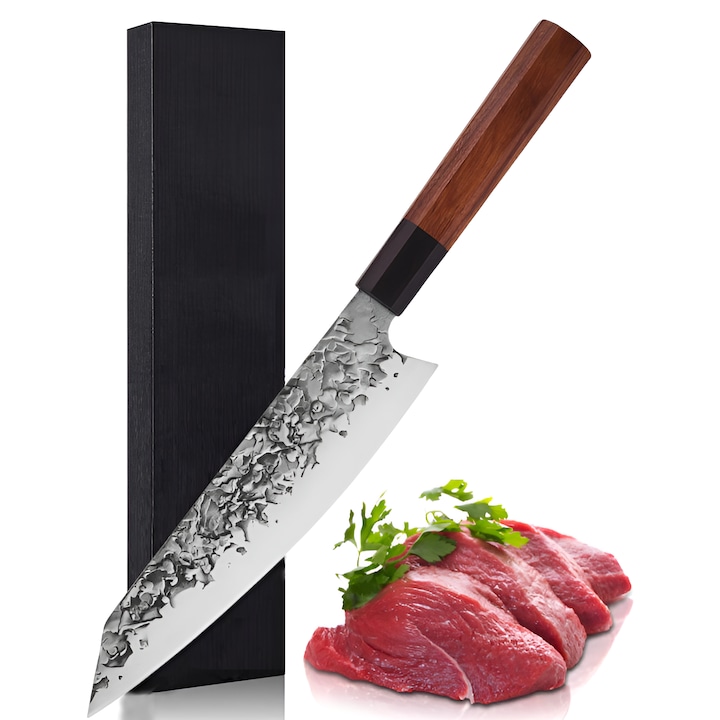 Cutit Profesional Japonez de Bucatar Salestore.ro® pentru Sushi, Feliere si Taiere Manuala, Lama 20 cm, Otel inoxidabil, Lemn