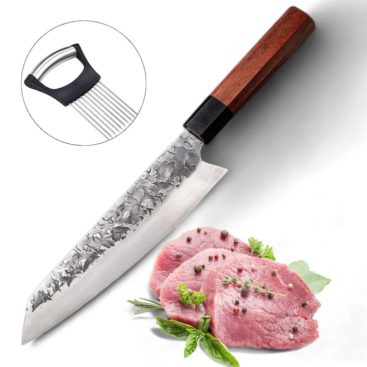 Professzionális japán szakácskés, Salestore.ro® sushihoz, szeleteléshez és kézi vágáshoz, penge 20 cm, rozsdamentes acél, fa + támasz a zöldség aprításához