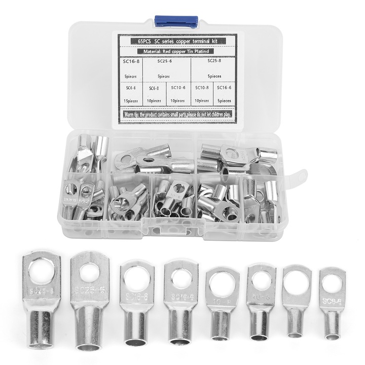 Комплект медни кабелни накрайници, Enforose, 5xSC16-8mm, 5xSC25-6mm, 5xSC25-8mm, 15xSC6-6mm, 10xSC6-8mm, 10xSC10-6mm, 10xSC10-8mm, 5xSC16-6mm, сребрист