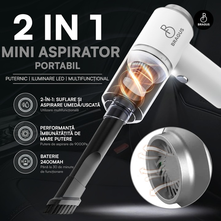 Aspirator Auto 2 in 1 Portabil, BRAGUS, 9000 Pa, 120W, Acumulator 2400mAh, Autonomie 30min, Aspirare, Suflare, Vidare, Umflare, Lumina LED, 3 Accesorii, 3 Filtre HEPA Reutilizabile Incluse, Aspirator pentru Masina si Casa, Incarcare USB, Alb