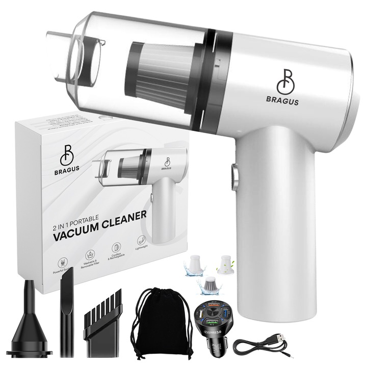 Aspirator Auto 2 in 1 Portabil, BRAGUS, 9000 Pa, 120W, Acumulator 2400mAh, Autonomie 30min, Aspirare, Suflare, Vidare, Umflare, Lumina LED, 3 Accesorii, 3 Filtre HEPA Reutilizabile Incluse, Aspirator pentru Masina si Casa, Incarcare USB, Alb