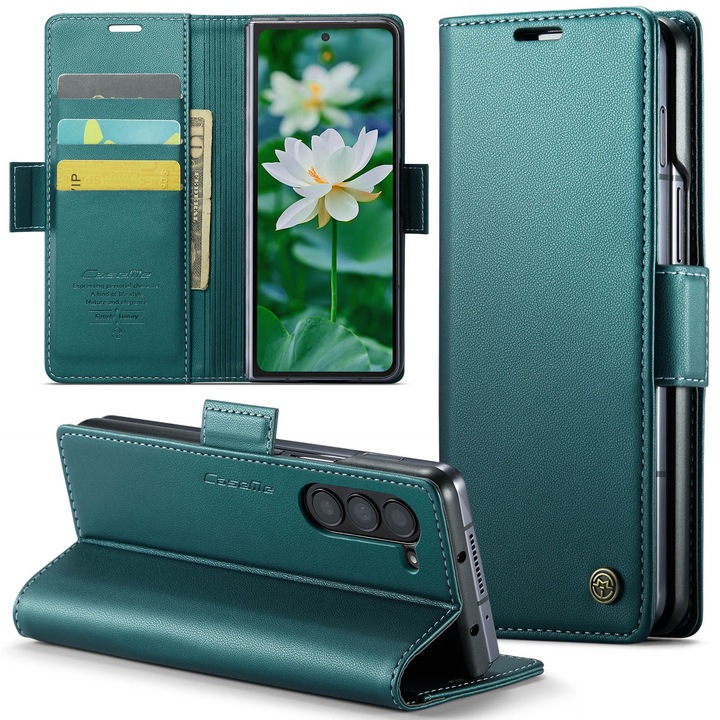 Husa pentru Samsung Galaxy Z Fold6, CaseMe, slim, piele, tip portofel, stand, inchidere sigura magnetica, textura moale si aderenta in mana, protectie RFID, Verde