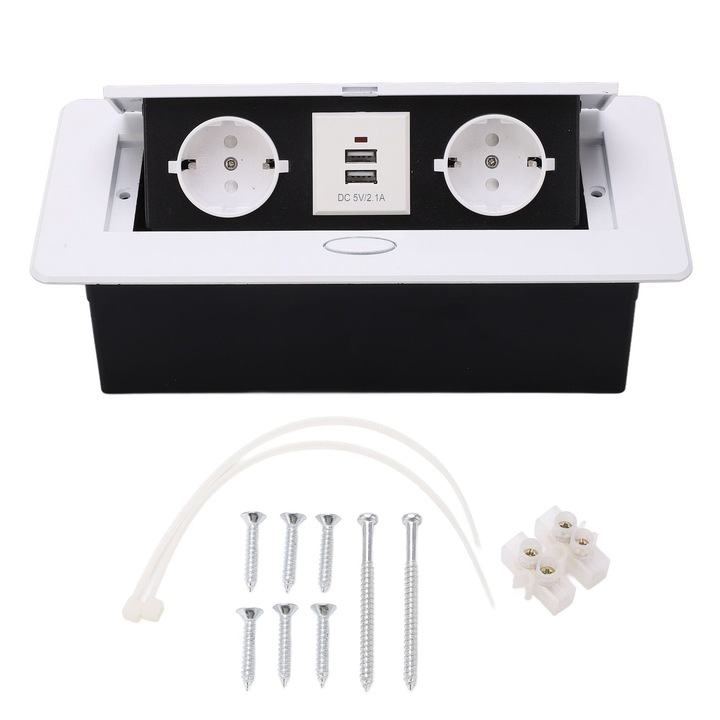 Priza de birou incorporata, Enforose, cu 2 porturi USB, metalica, 250 V