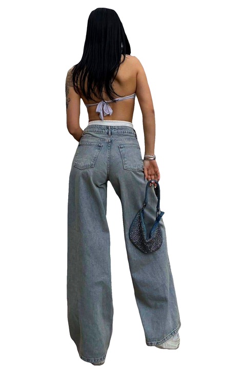 Blugi wide leg Qatar, cu banda elastica in talie si aspect prespalat, Albastru vintage, Marimea 42