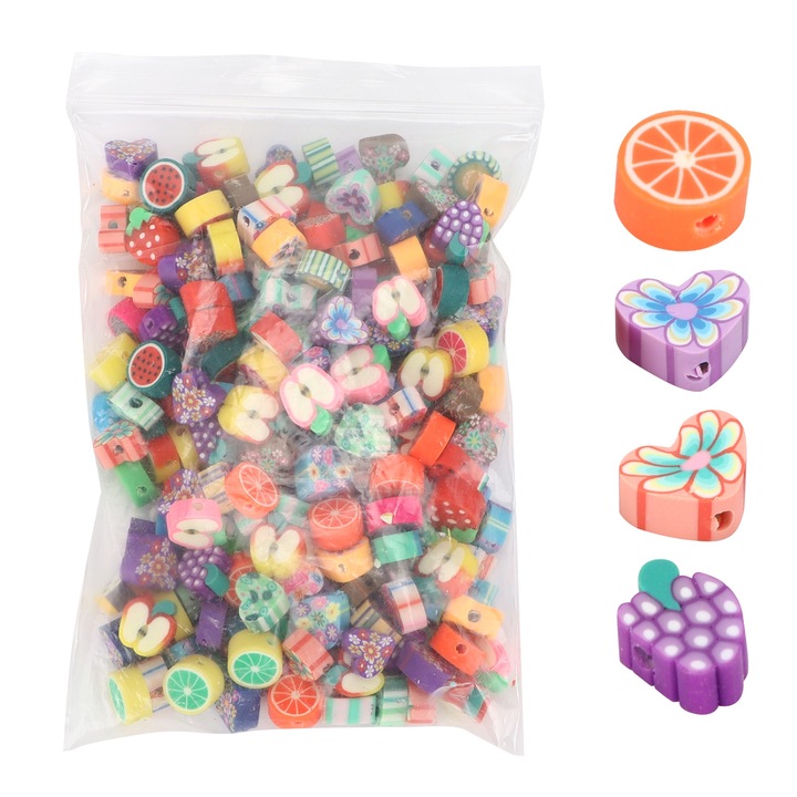 Set 200 margele de ceramica moale pentru bijuterii, Enforose, tematica fructe, multicolor