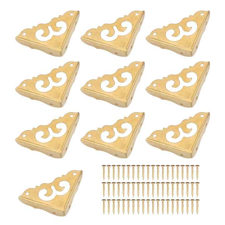 Set 10 protectii colturi metalice din alama, design vintage, 4.2x3x1.1cm, Enforose