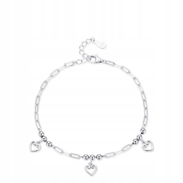 Bratara cu lant, Fraise, argint S925, inimi, 15.5-18 cm