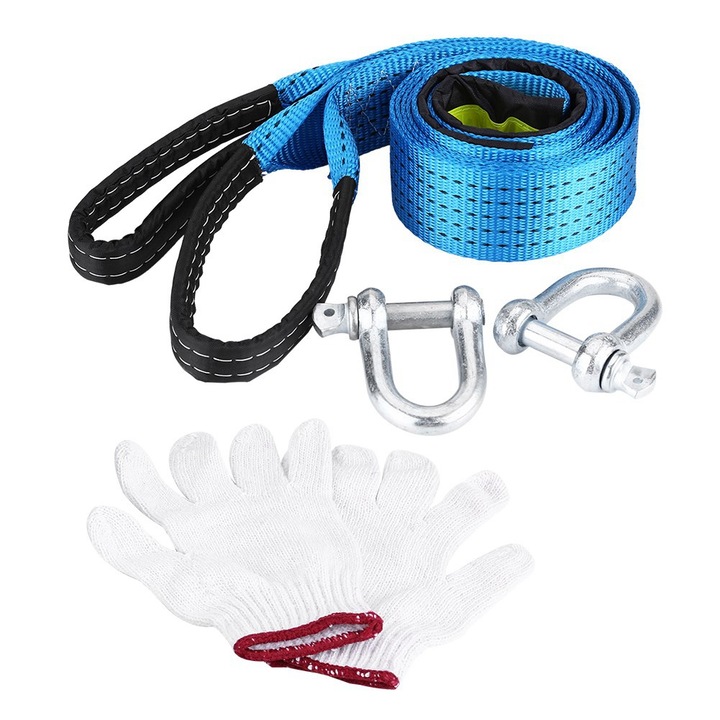 Cablu de remorcare Mmgoqqt, poliester, cu carlige, banda reflectorizanta, 3m, 8 tone