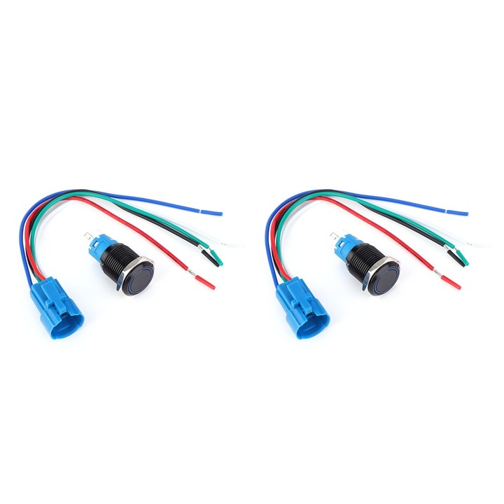 2 darabos fém nyomógombos kapcsolókészlet automatikus visszaállítással, 5 tűs, 1NO/1NC, 12VDC, 16mm, fekete